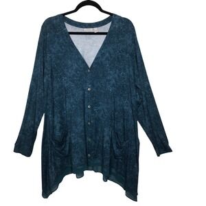 LOGO Lori Goldstein Blue Teal Marble Print Button Front‎ Cardigan Tunic XL